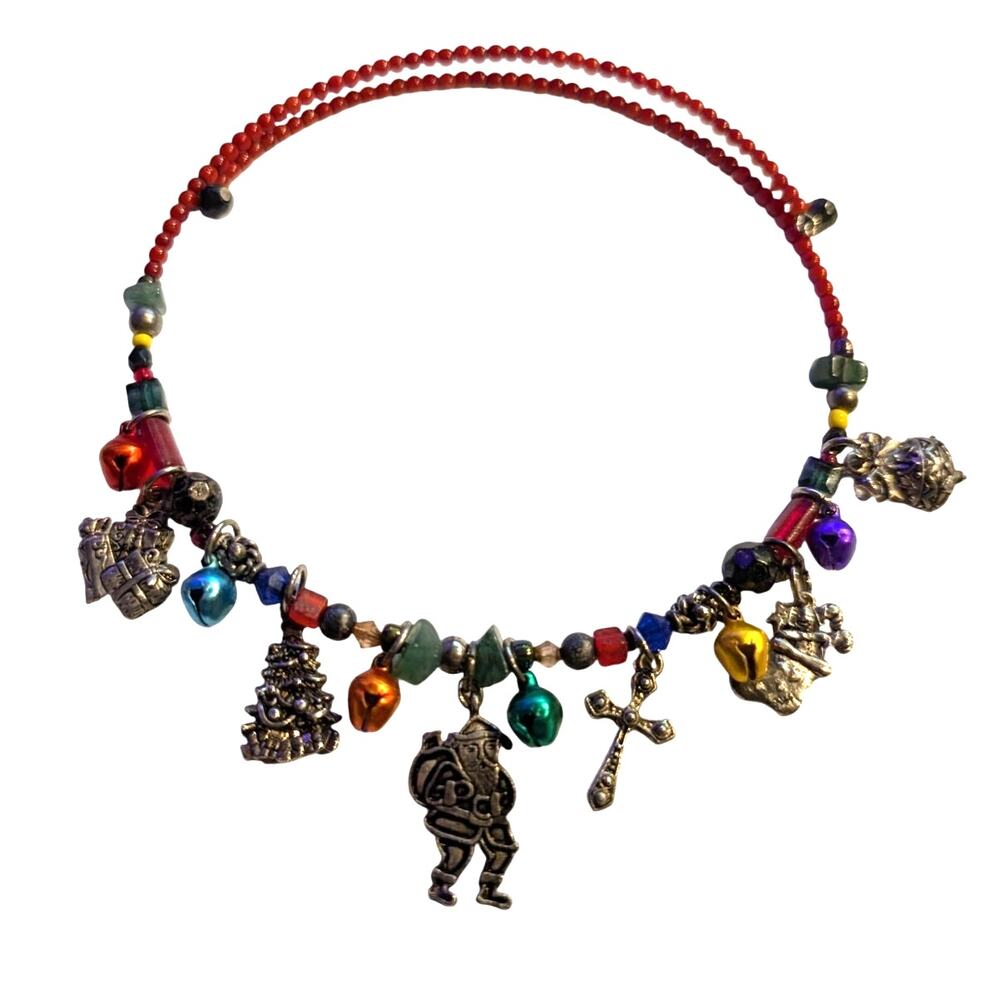 Vintage Christmas Beaded Dangling Charm Wire Choker Necklace